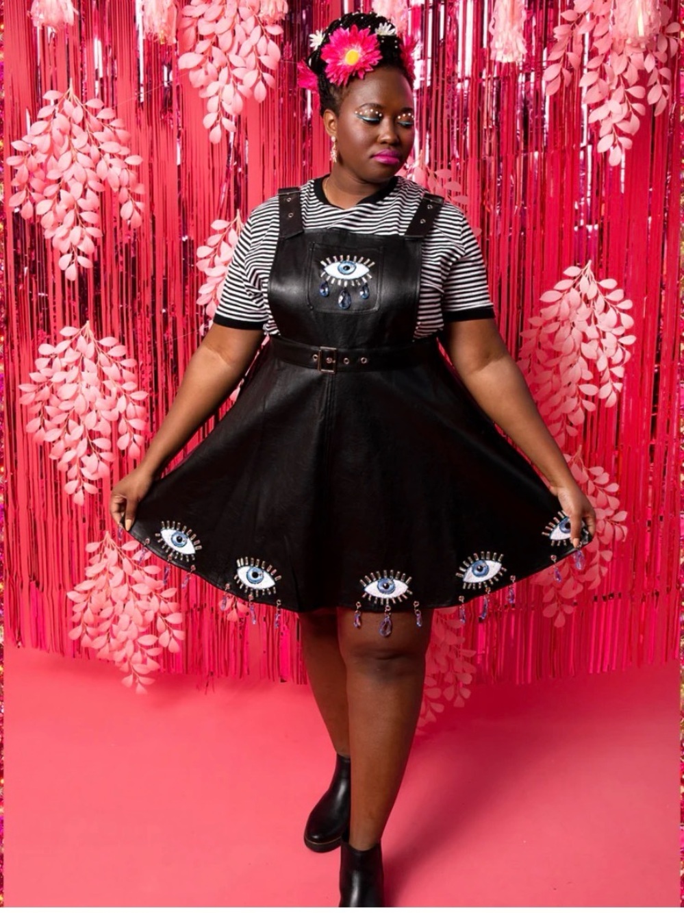 NWT Dash of Pep Discontinued Black Faux Leather Eye Appliqué Pinafore Dress